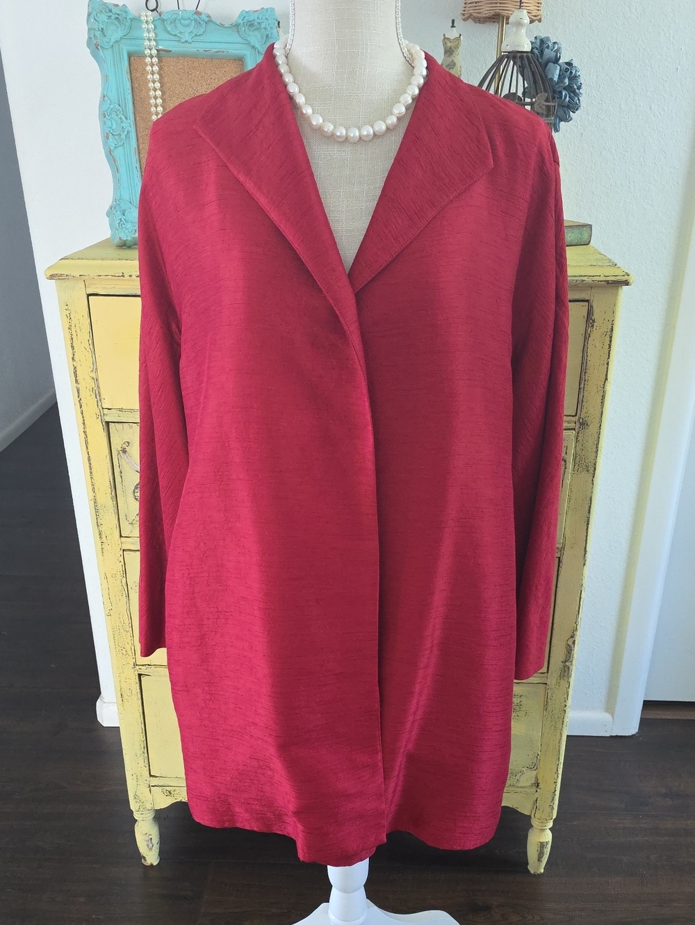 Eileen Fisher Elegant Silk/Wool Red Open-Front Coat